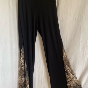 Vocal Lace Insert Black Pants With Taupe Lace, elastic waist